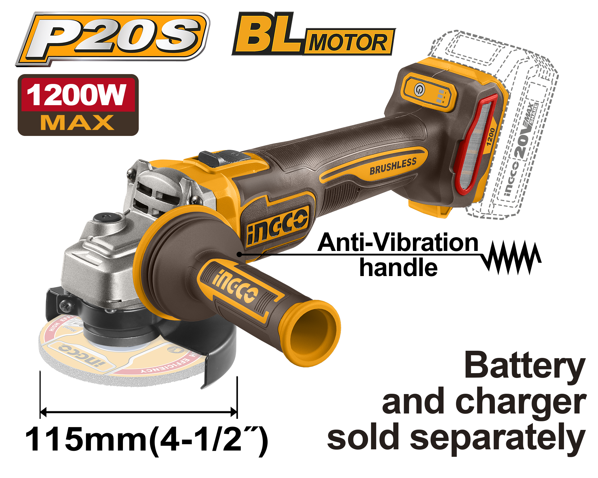 Ingco Cordless 1200W Angle Grinder 115mm - CAGLI212025