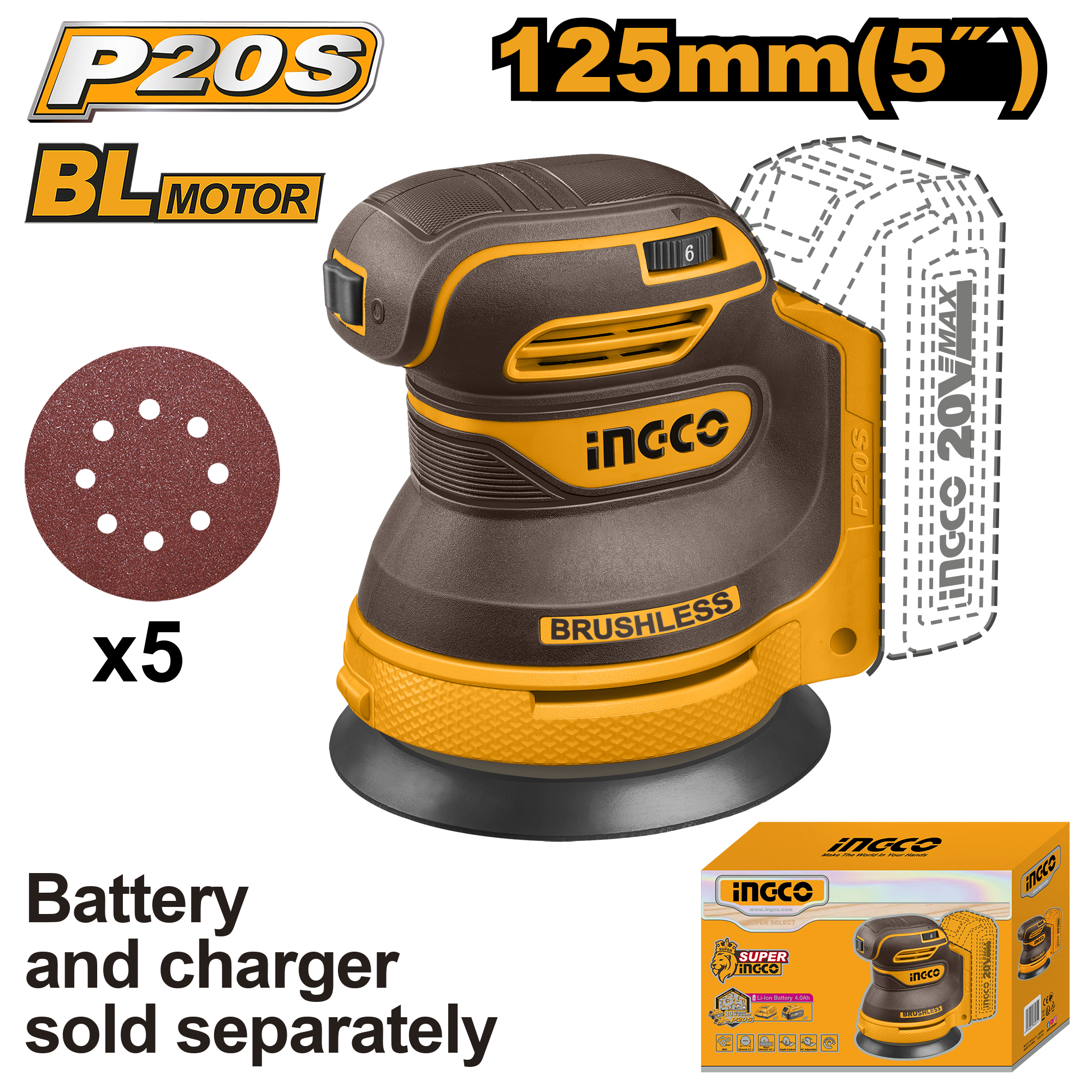 Ingco Cordless Random Orbital Sander - CROSLI2002
