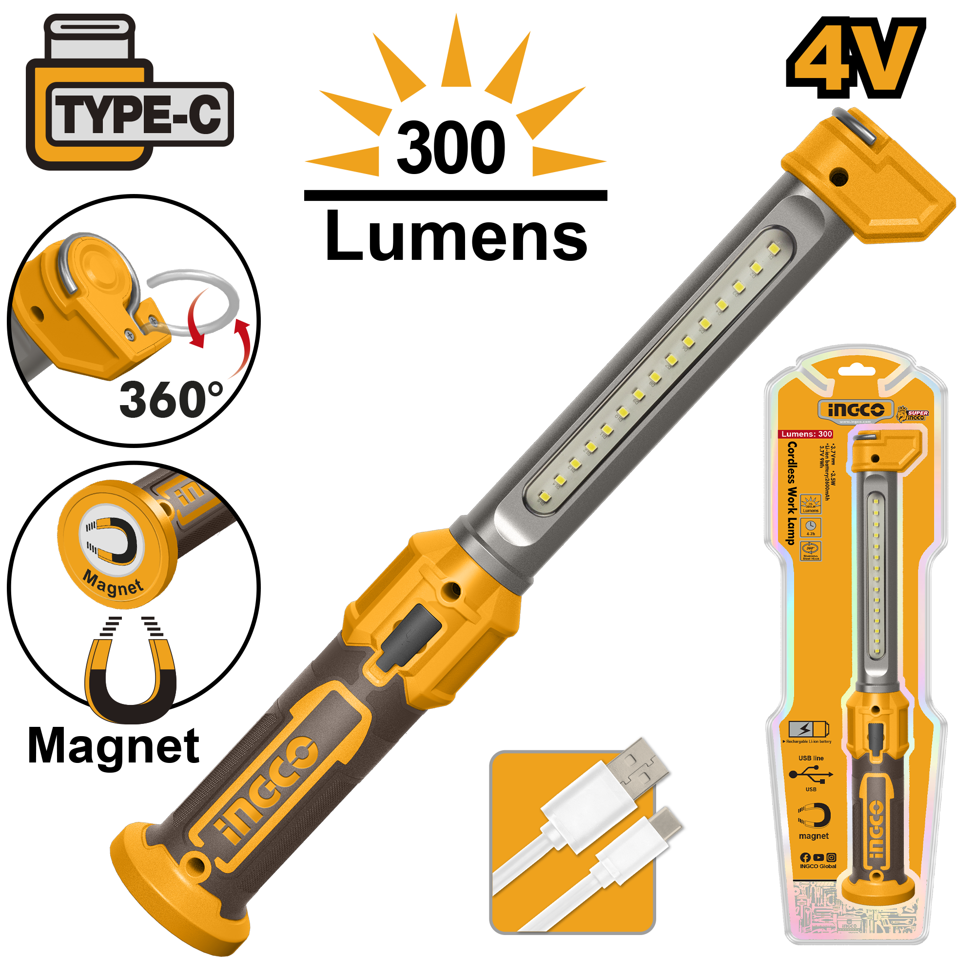 Ingco Magnetic Work Lamp 300 Lumens - HWLI043006