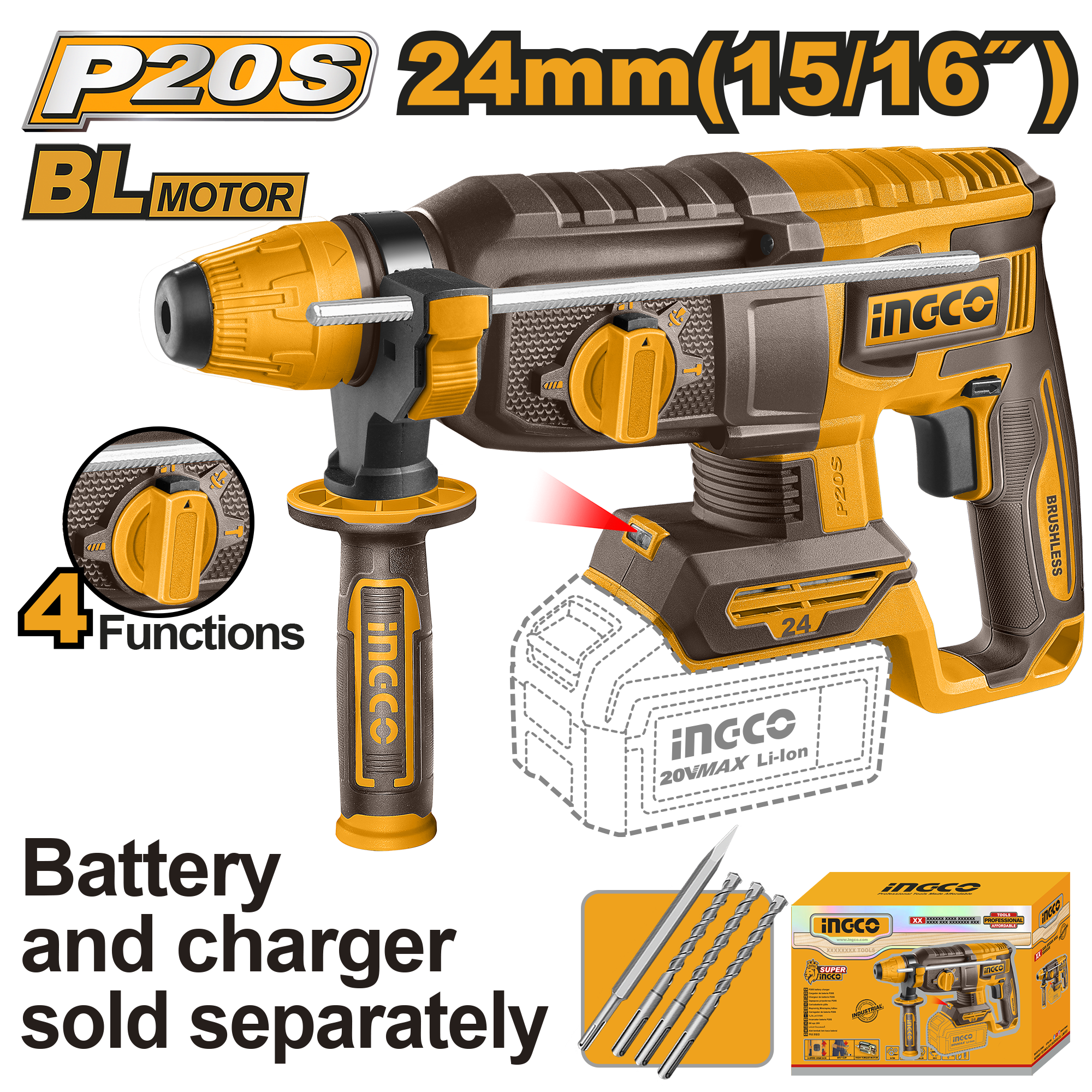 Ingco Cordless 24mm Rotary Hammer - CRHLI20248
